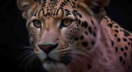 Front view of closeup of a Pink colored Panther on dark black background with shining eyes. Wild animals banner with copy space, cheetah