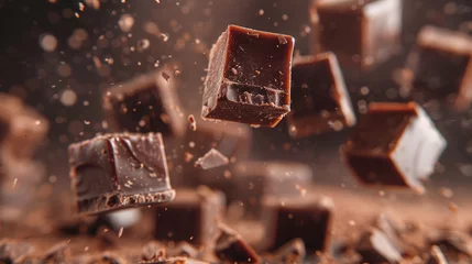 Fotobehang Fudge squares airborne in a rich dynamic chocolate confectionery scene © Ummeya