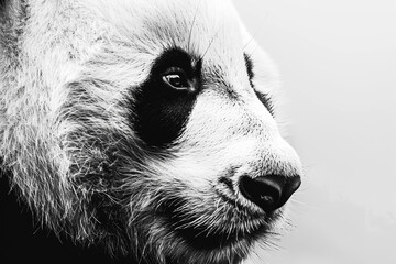 Detailed close-up of a serene black and white panda face on a white background, capturing its...