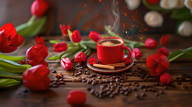 still life with red tulips and coffee