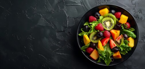 a bowl of healthy fresh fruit with salad leaves isolated on dark background