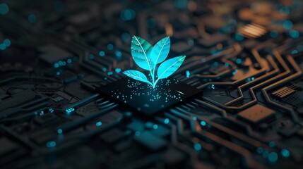Teal holographic plant growing on a computer chip - Next-Gen Hybrid Ecosystems, Innovative Technology Integration, - Tech Industry, Virtual Reality, Environmental Design. - obrazy, fototapety, plakaty