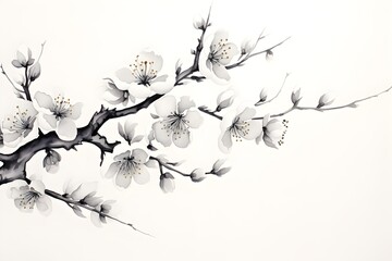 Detailed ink drawing of a Japanese Sakura branch of cherry tree on white background, invitation, banner wallpaper, minimal, black and white hand drawn