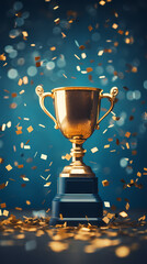 Gold first place winner trophy with falling confetti and ribbons