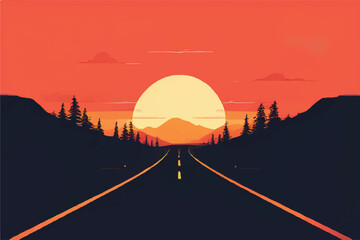 Road leading to Mountains with view of beautiful sunset. Vector background. Nature landscape. Sunset in the mountains.  
