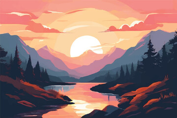 Beautiful Sunset in mountains. Vector Background. Sunset in the mountains.  image of a sunset, the dawn sun over the mountains in the background and a thick forest down to the valley.