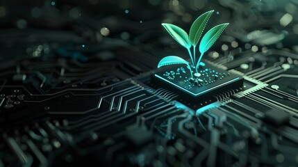 Teal holographic plant growing on a computer chip - Next-Gen Hybrid Ecosystems, Innovative Technology Integration, - Tech Industry, Virtual Reality, Environmental Design.