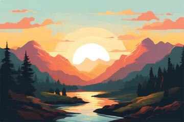 Fototapeta na wymiar Beautiful Sunset in mountains. Vector Background. Sunset in the mountains. image of a sunset, the dawn sun over the mountains in the background and a thick forest down to the valley.