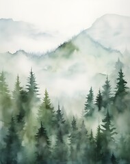 Watercolor painting of fog in the mountains with trees mossy, eco bohemian aesthetic wall print, banner, wallpaper, invitation card, HD Realistic 