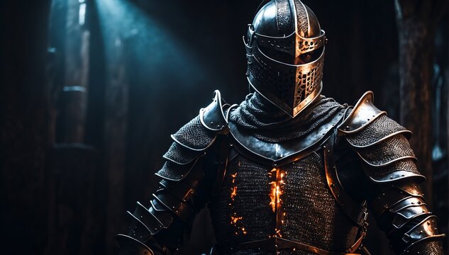 a black theme knight warrior on medieval era with glowing armor from Generative AI
