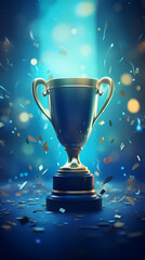 Gold first place winner trophy with falling confetti and ribbons