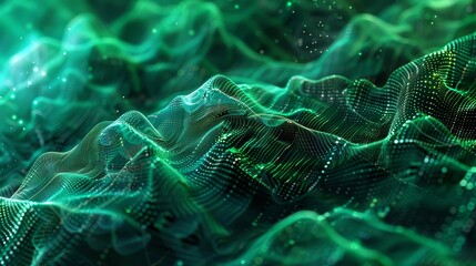 Abstract digital green waves with sparkling particles on dark background. Technology and data visualization concept
