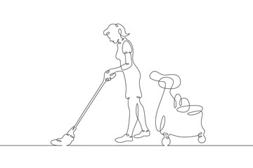 The cleaning lady washes the floor. Cleaning the premises. A woman with a mop in her hands. One continuous line . Line art. Minimal single line.White background. One line drawing. 