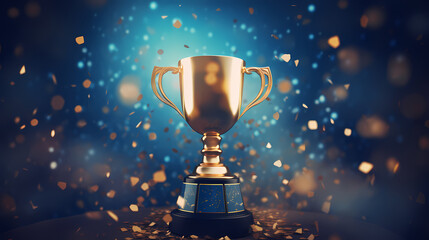 Gold first place winner trophy with falling confetti and ribbons