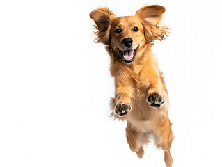 golden retriever dog Running, jumping on isolated white background.