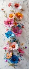 Closeup photo of the colorful flowers, white, pink, orange, blue, AI