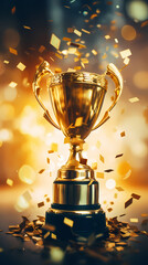 Gold first place winner trophy with falling confetti and ribbons