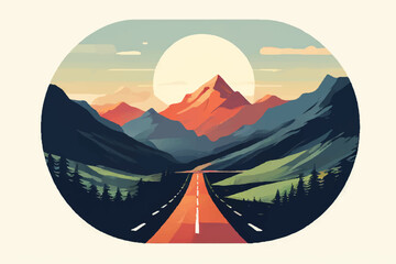 Road leading to Mountains with view of beautiful sunset. Vector background. Nature landscape. Sunset in the mountains.  