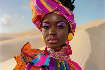 Portrait of black female model in charming fashion clothing with vibrant patterns on soft sand dunes