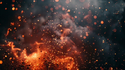 Sparks rise like glowing embers as thick smoke billows upward on a dark background.