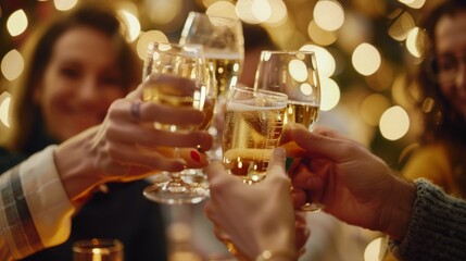 Friends clinking champagne glasses, celebrating with bokeh background
