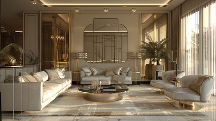 Infusing Art Deco glamour with mirrored furniture and metallic accents.