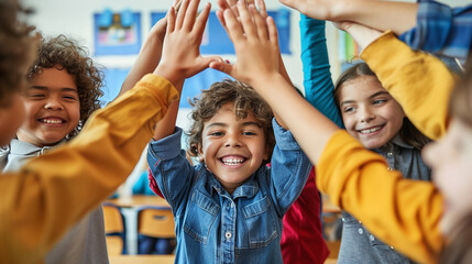 Happy diverse multiethnic kids junior school students group giving high five together in classroom. Excited children celebrating achievements, teamwork, diversity and friendship with highfive concept.