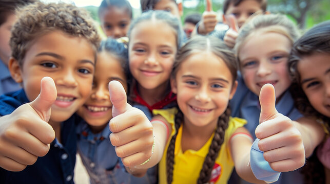 Group of school kids showing thumbs up.