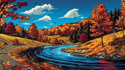 A beautiful autumn landscape with a river running through it - obrazy, fototapety, plakaty