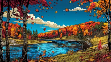 Obraz na płótnie Canvas A beautiful autumn landscape with a river running through it