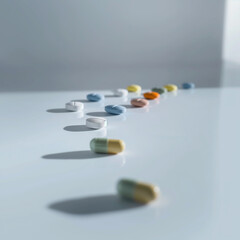 "Pristine Pills: Medicine on White"
A serene display of colorful medicine pills neatly arranged on a clean surface, emphasizing purity and order.