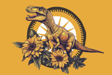Energetic sunflower yellow Tyrannosaurus emblem, radiating joy and positivity.