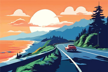Summer road trip adventure, a scenic coastal highway  with winding roads, breathtaking ocean views  and a clear blue sky and beautiful sunset. Vector Illustration.  - obrazy, fototapety, plakaty