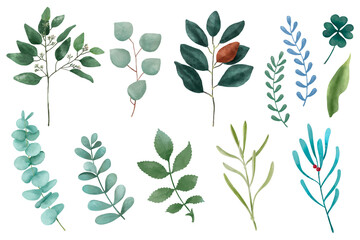 Green leaves sticker png watercolor illustration set
