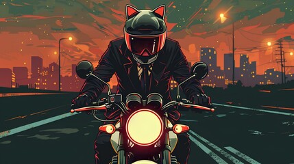 A biker man riding a motorcycle on the road at night illustration - obrazy, fototapety, plakaty