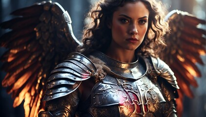 a female angel theme knight warrior on medieval era with glowing armor from Generative AI - obrazy, fototapety, plakaty