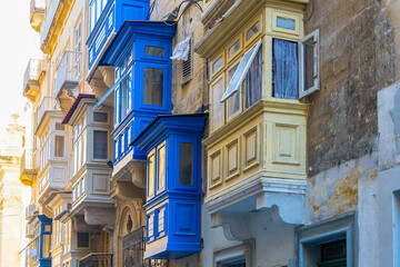 Fototapeta na wymiar typical wooden balconies in Valletta, Malta
