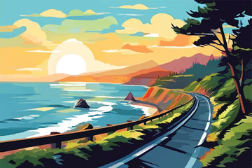 Summer road trip adventure, a scenic coastal highway  with winding roads, breathtaking ocean views  and a clear blue sky and beautiful sunset. Vector Illustration. 