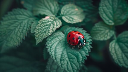 Fototapeta premium red ladybug adorned with delicate black spots leisurely crawling on a lush green leaf, macro photography