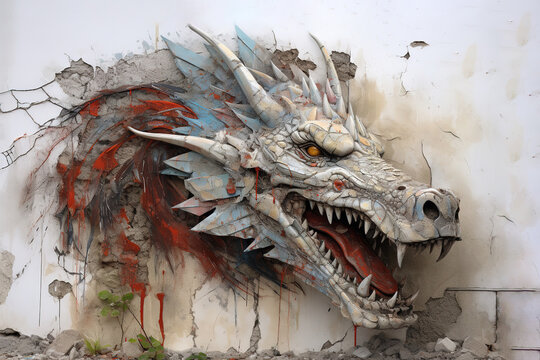 Sculpture and painting street art of drogon full of colorful colors and covered with leaves and grass. on the old wall. Mythical creatures  Ancient animals. Wildlife Animals. Generative AI.
