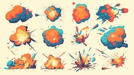 2d icons portraying cartoon doodle bomb explosions comic clouds smoke boom bubbles burst effects and dynamite TNT or atomic bomb mushroom explosions and crashes - obrazy, fototapety, plakaty