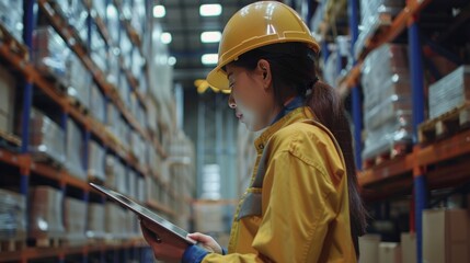 Side view of a young woman worker using digital tablet checking in warehouse