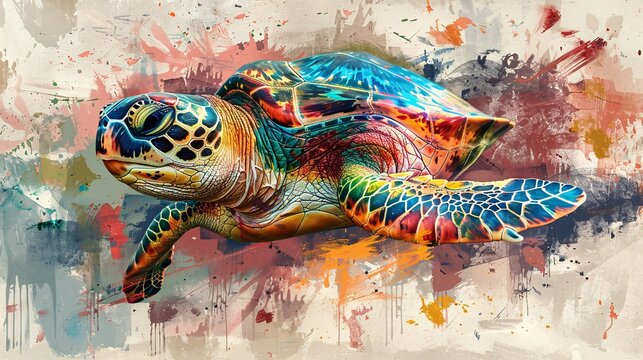 an abstract turtle portrait infused with colorful double exposure paint