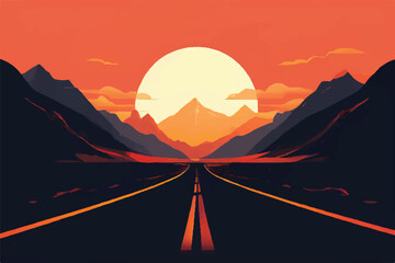 road leading to mountains with beautiful sunset. illustration background.  Landscape of a highway with mountains in the background. vacation trip. Vector Illustration.