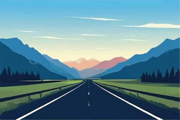 Road landscape. Beautiful Landscape showing view of a road leading to mountains. Landscape of a highway with mountains in the background. vacation trip. Vector Illustration.