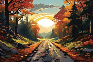 Road through a maple forest. Vector Illustration. An autumnal wonderland in the jungle. Beautiful view of the autumn forest in the morning. Maple forest landscape Illustration.                        