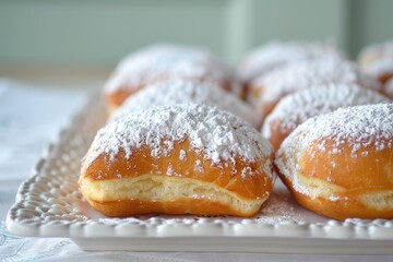 Beignets sprinkled with powdered sugar arranged on a plate in vintage style
