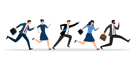 Business people characters running by row in flat design on white background. Colleagues chase. Business competition.