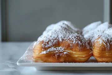 Beignets sprinkled with powdered sugar arranged on a plate in vintage style - obrazy, fototapety, plakaty
