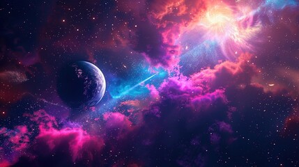 Obraz premium Nebula, Planet, and Twin Trails in Technicolor